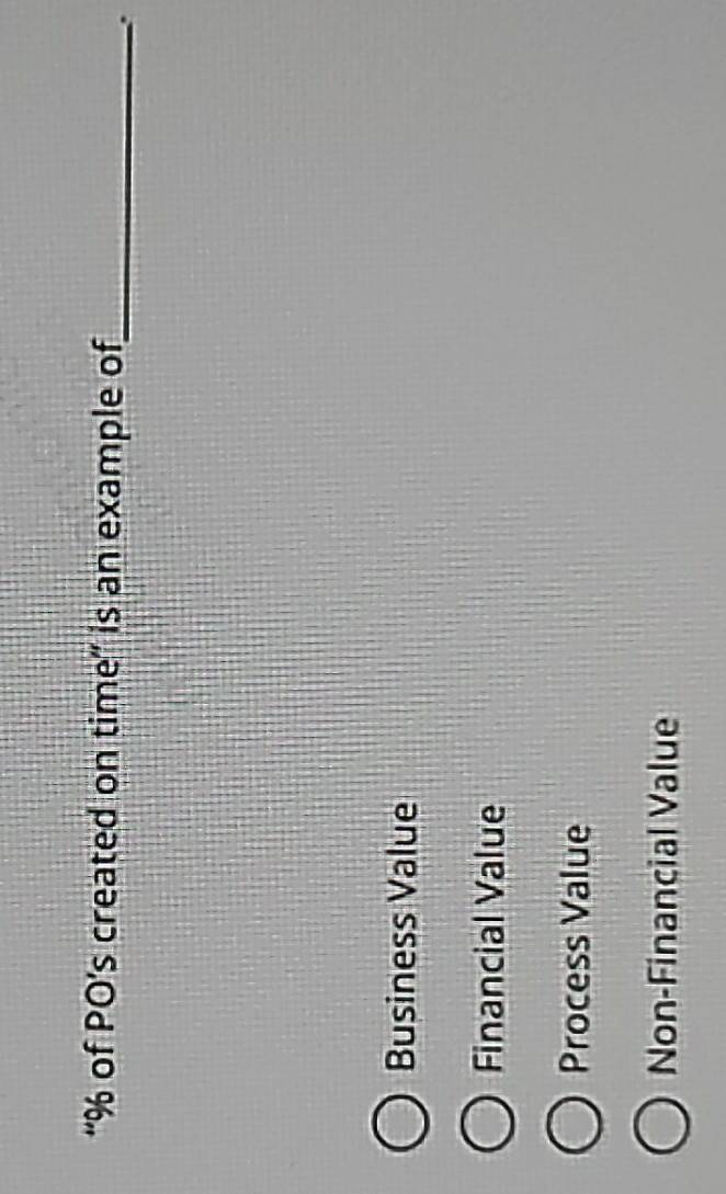 “ % of PO’s created on time" is an example of_
.
Business Value
Financial Value
Process Value
Non-Financial Value