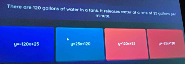 There are 120 gallons of water in a tank. It releases water at a rate of 25 gallons per
minute.
y=-120x+25
y=25x+120 y=120x+25 y=-25x+120