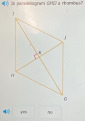 Is parallelogram GHI a rhombus?
1) yes no