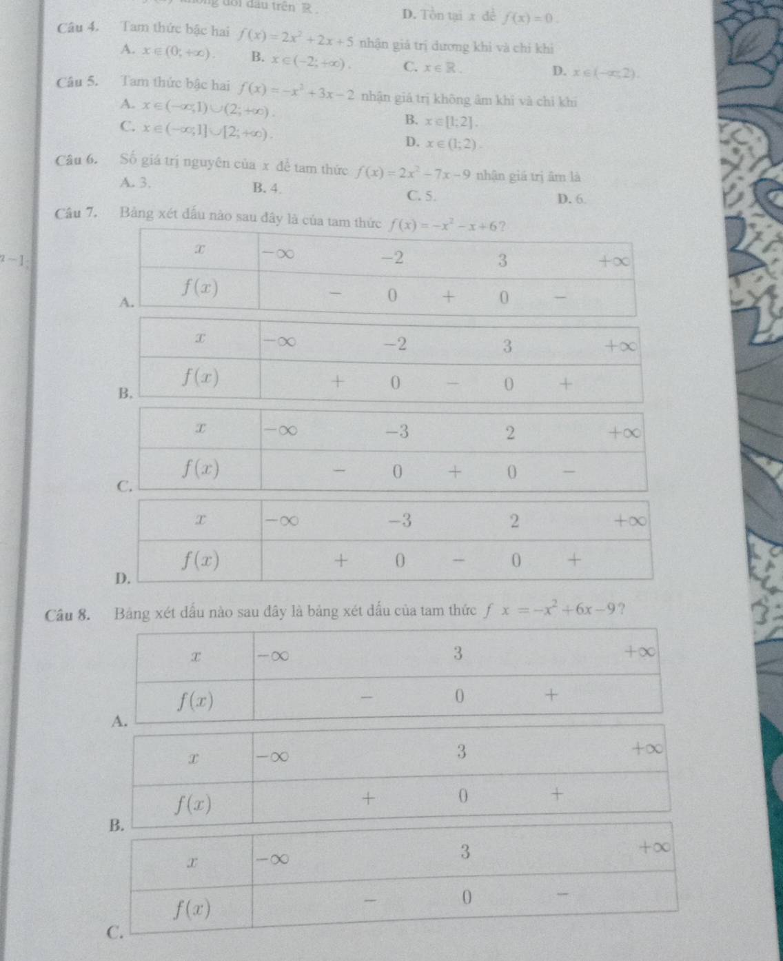 ng  d o i đau trên  R D. Tòn tại x dề f(x)=0.
Câu 4. Tam thức bậc hai f(x)=2x^2+2x+5 nhận giả trị dương khì và chỉ khi
A. x∈ (0,+∈fty ). B. x∈ (-2;+∈fty ). C. x∈ R.
D. x∈ (-∈fty ,2).
Câu 5. Tam thức bậc hai f(x)=-x^2+3x-2 nhận giá trị không âm khì và chỉ khí
A. x∈ (-∈fty ,1)∪ (2;+∈fty ).
C. x∈ (-∈fty ,1]∪ [2;+∈fty ).
B. x∈ [1;2].
D. x∈ (1;2).
Câu 6. Số giá trị nguyên của x để tam thức f(x)=2x^2-7x-9 nhận giá trị âm là
A. 3. B. 4.
C. 5. D. 6
Câu 7. Bảng xét đấu nào sau đây là của^2-1:
Câu 8. Bảng xét dấu nào sau đây là bảng xét dấu của tam thức fx=-x^2+6x-9 ?