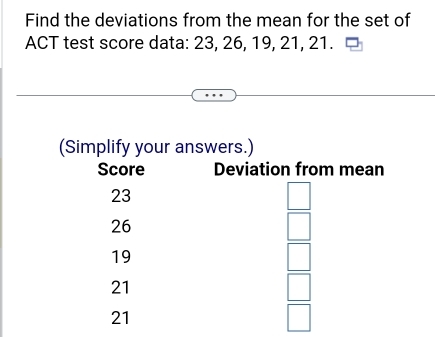 Solved: Find the deviations from the mean for the set of ACT test score ...