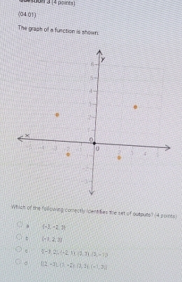 (04.01)
The graph of a function is shown.
Which of the following comectly identifies the set of outputs? (4 points)
(-3,-2,3)
 -2,2,3
C  (-3,2),(-2,1),(3,3),(3,-1)
o ((2,-3),(1-2),(3,3),(-1,3)