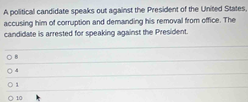 A political candidate speaks out against the President of the United States,
accusing him of corruption and demanding his removal from office. The
candidate is arrested for speaking against the President.
8
4
1
10