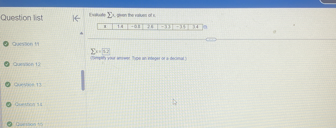 Evaluate 
Question list x, given the values of x. 
Question 11
sumlimits x=5.2
(Simplify your answer. Type an integer or a decimal.) 
Question 12 
Question 13 
Question 14 
Question 15