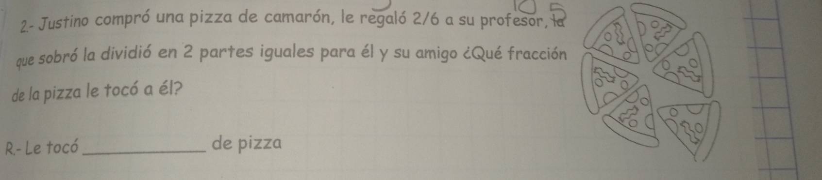 2- Justino compró una pizza de camarón, le regaló 2/6 a su profesor, la 
que sobró la dividió en 2 partes iguales para él y su amigo ¿Qué fracción 
de la pizza le tocó a él? 
R.- Le tocó_ de pizza