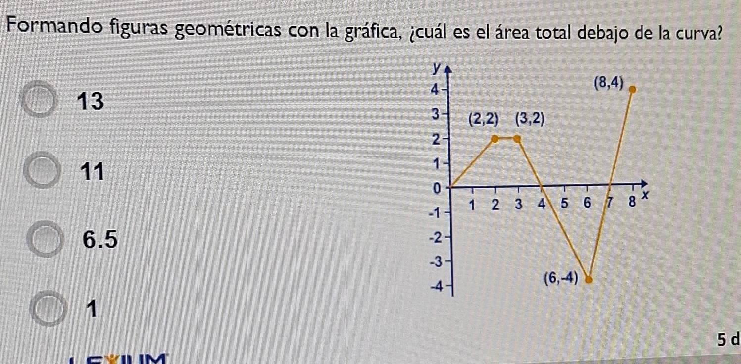 Formando figuras geométricas con la gráfica, ¿cuál es el área total debajo de la curva?
13
11
6.5
1
5 d