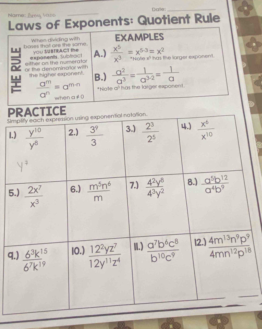 Date:_
Name:
_
ponents: Quotient Rule
P
Si
I
5
q