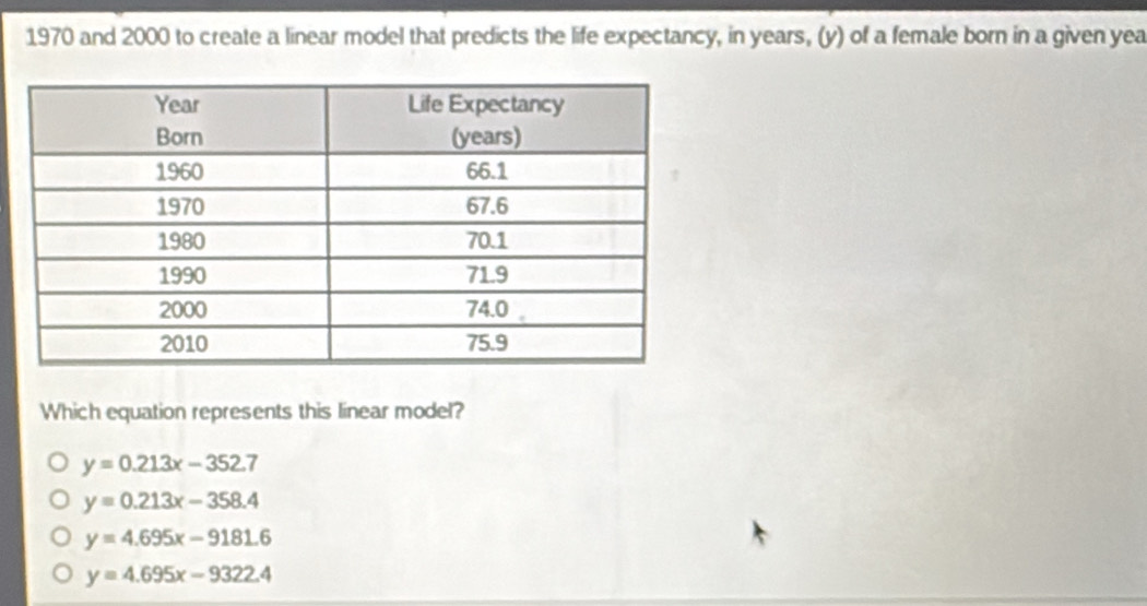 1970 and 2000 to create a linear model that predicts the life expectancy, in years, (y) of a female born in a given yea
Which equation represents this linear model?
y=0.213x-352.7
y=0.213x-358.4
y=4.695x-9181.6
y=4.695x-9322.4