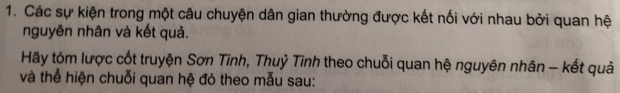 Các sự kiện trong một câu chuyện dân gian thường được kết nối với nhau bởi quan hệ 
nguyên nhân và kết quả. 
Hãy tóm lược cốt truyện Sơn Tinh, Thuỷ Tinh theo chuỗi quan hệ nguyên nhân - kết quả 
và thể hiện chuỗi quan hệ đó theo mẫu sau: