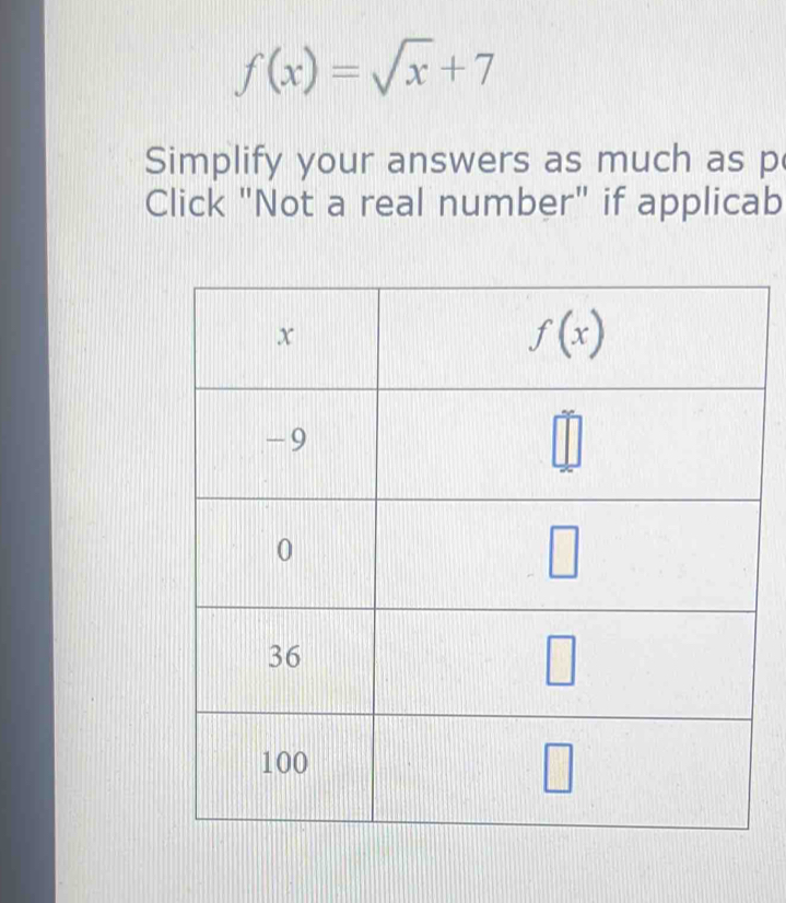 f(x)=sqrt(x)+7
Simplify your answers as much as p
Click "Not a real number" if applicab