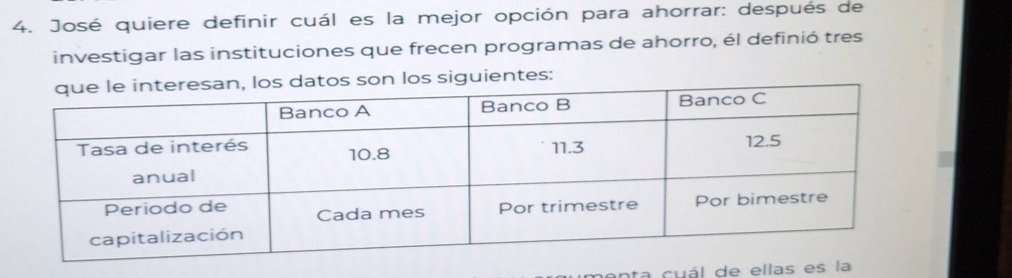 José quiere definir cuál es la mejor opción para ahorrar: después de 
investigar las instituciones que frecen programas de ahorro, él definió tres 
on los siguientes: 
inta cuál de ellas e