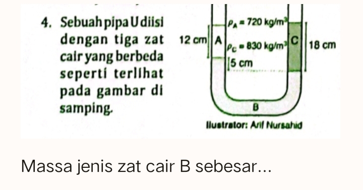 Sebuah pipa U diisi 
dengan tiga zat 
cair yang berbeda
sepertí terlíhat
pada gambar di
samping.
Massa jenis zat cair B sebesar...