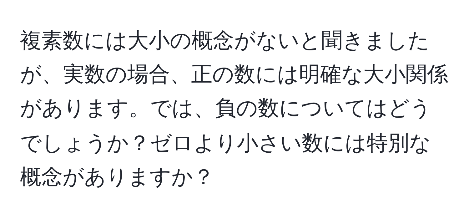 複素数には大小の概念がないと聞きましたが、実数の場合、正の数には明確な大小関係があります。では、負の数についてはどうでしょうか？ゼロより小さい数には特別な概念がありますか？