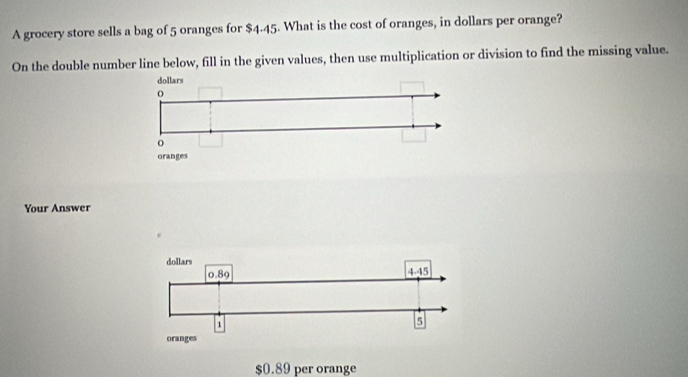 A grocery store sells a bag of 5 oranges for $4.45. What is the cost of oranges, in dollars per orange?
On the double number line below, fill in the given values, then use multiplication or division to find the missing value.
Your Answer
$0.89 per orange