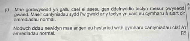 A 
(i) Mae gorbwysedd yn gallu cael ei asesu gan ddefnyddio teclyn mesur pwysedd y 
gwaed. Mae'r canlyniadau sydd i'w gweld ar y teclyn yn cael eu cymharu â siart o'r 
amrediadau normal. 
Nodwch ddau newidyn mae angen eu hystyried wrth gymharu canlyniadau claf â'r 
amrediadau normal. [2]