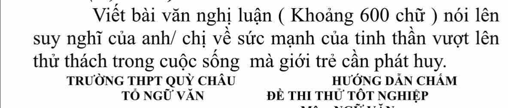 Viết bài văn nghị luận ( Khoảng 600 chữ ) nói lên 
suy nghĩ của anh/ chị về sức mạnh của tinh thần vượt lên 
thử thách trong cuộc sống mà giới trẻ cần phát huy. 
trườnG THPT QUỳ ChÂU HƯỚNG DẫN CHÂM 
tỔ ngữ văn đề thi thử tốt nghiệp