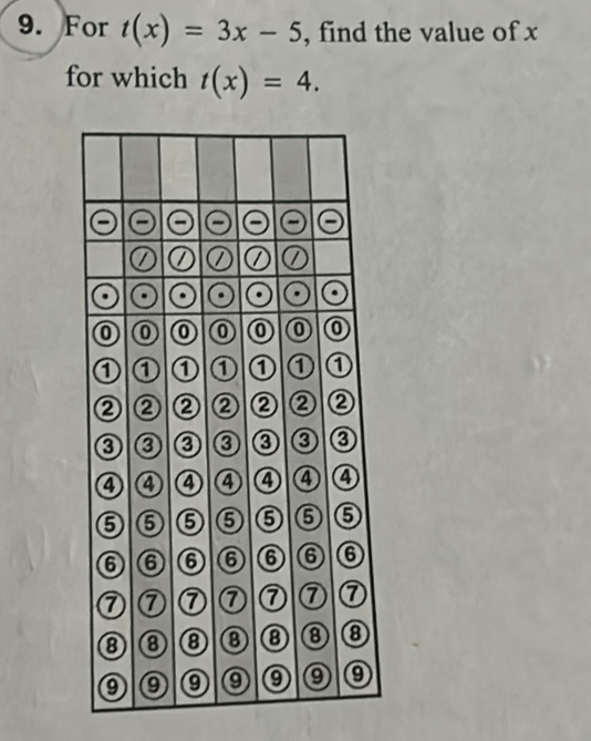 For t(x)=3x-5 , find the value of x
for which t(x)=4.