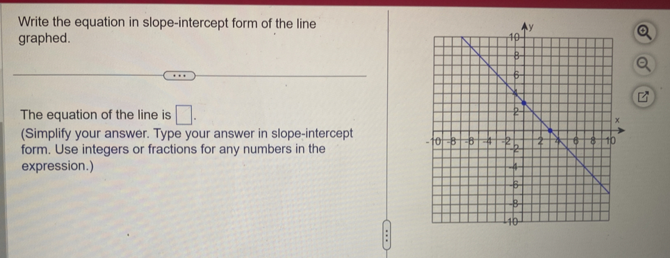 Write the equation in slope-intercept form of the line 
graphed. 
The equation of the line is □. 
(Simplify your answer. Type your answer in slope-intercept 
form. Use integers or fractions for any numbers in the 
expression.)