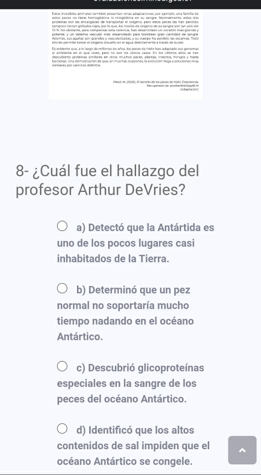 Estos increibles animales también presentan otras adaptaciones; por ejemplo, una familia de
estos peces no tiere hemoglobina ni mioglobina en su sangre. Normalmente, estas dos
tampoco tienen glóbulos rojos, por lo que, los níveles de oxigeno de su sangre son tan selo del
10 %. No obstante, para compensar esta carencia, han desamaliado un corazón más grande y
Además, sus agallas son grandes y vascularizadas, y su cuerpo ha perdido las escamas. Todo
ello les permite tomar el oxígeno cisuelto en el agua directamente a través de la piel
Es evidente que, a lo largo de millones de años, los peces de hielo han adaptado sus genomas
al ambiente en ell que viven, pero no son los únicos casos. En los últimos años se ham
descubierto proteínas similares en otros muchos peces, plantas, insectos, hongos y hasta
bacterias. Una demostración de que, en muchas ocasiones, la evolución llega a soluciones muy
Pérez, M. 120201. El secreto de los peces de hielo. Eresciencia Recuperado de: acortar link/hppll M
tedaptación]
8- ¿Cuál fue el hallazgo del
profesor Arthur DeVries?
a) Detectó que la Antártida es
uno de los pocos lugares casi
inhabitados de la Tierra.
b) Determinó que un pez
normal no soportaría mucho
tiempo nadando en el océano
Antártico.
c) Descubrió glicoproteínas
especiales en la sangre de los
peces del océano Antártico.
d) Identificó que los altos
contenidos de sal impiden que el ^
océano Antártico se congele.