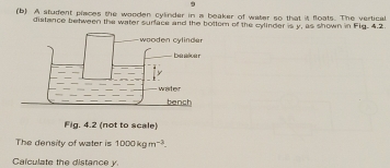 9 
(b) A student places the wooden cylinder in a beaker of water so that it floats. The vertical 
distance between the water surface and the bottom of the cylinder is y, as shown in Fig. 4.2 
Fig. 4.2 (not to scale) 
The density of water is 1000kgm^(-3). 
Calculate the distance y.