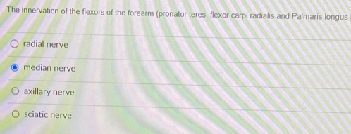 The innervation of the flexors of the forearm (pronator teres, flexor carpi radialis and Palmaris longus
radial nerve
median nerve
axillary nerve
sciatic nerve