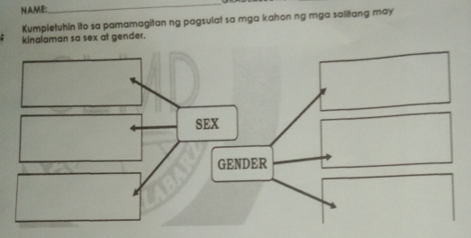 NAME: 
_ 
Kumpletuhin ito sa pamamagitan ng pagsulat sa mga kahon ng mga salitang may 
kinalaman sa sex at gender.