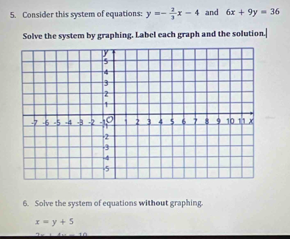 Consider this system of equations: y=- 2/3 x-4 and 6x+9y=36
Solve the system by graphing. Label each graph and the solution.|
6. Solve the system of equations without graphing.
x=y+5