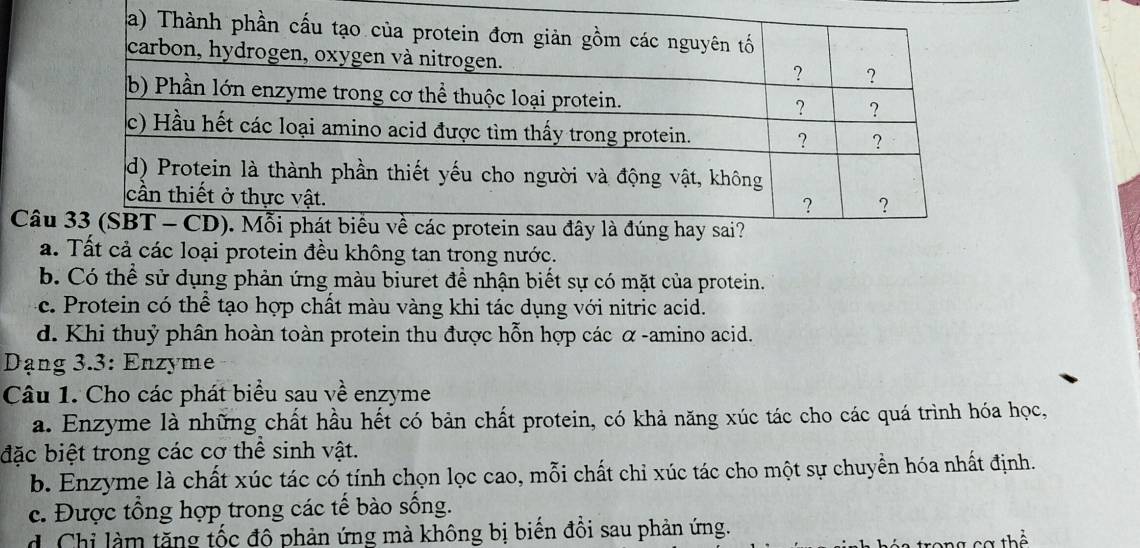 Câu
a. Tất cả các loại protein đều không tan trong nước.
b. Có thể sử dụng phản ứng màu biuret đề nhận biết sự có mặt của protein.
4c. Protein có thể tạo hợp chất màu vàng khi tác dụng với nitric acid.
d. Khi thuỷ phân hoàn toàn protein thu được hỗn hợp các α -amino acid.
Dạng 3.3: Enzyme
Câu 1. Cho các phát biểu sau về enzyme
a. Enzyme là những chất hầu hết có bản chất protein, có khả năng xúc tác cho các quá trình hóa học,
đặc biệt trong các cơ thể sinh vật.
b. Enzyme là chất xúc tác có tính chọn lọc cao, mỗi chất chỉ xúc tác cho một sự chuyển hóa nhất định.
c. Được tổng hợp trong các tế bào sống.
d. Chỉ làm tăng tốc đô phản ứng mà không bị biến đổi sau phản ứng.
T cơ thể