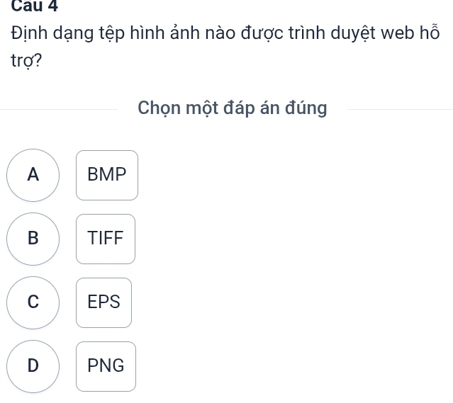 Cau 4
Định dạng tệp hình ảnh nào được trình duyệt web hỗ
trợ?
Chọn một đáp án đúng
A BMP
B TIFF
C EPS
D PNG