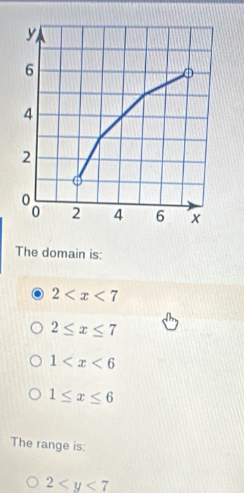 The domain is:
2
2≤ x≤ 7
1
1≤ x≤ 6
The range is:
2