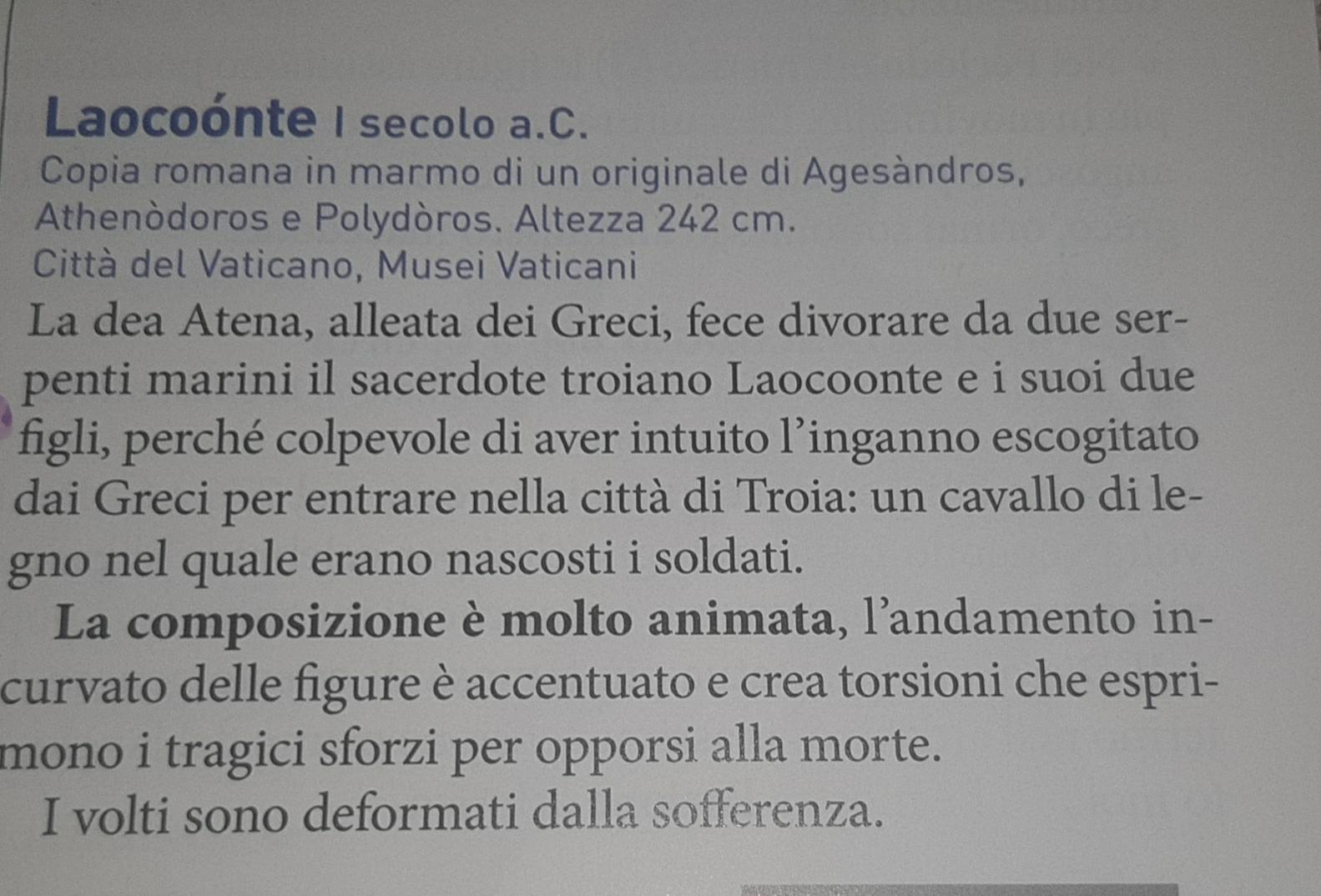 Laocoónte I secolo a.C. 
Copia romana in marmo di un originale di Agesàndros, 
Athenòdoros e Polydòros. Altezza 242 cm. 
Città del Vaticano, Musei Vaticani 
La dea Atena, alleata dei Greci, fece divorare da due ser- 
penti marini il sacerdote troiano Laocoonte e i suoi due 
figli, perché colpevole di aver intuito l’inganno escogitato 
dai Greci per entrare nella città di Troia: un cavallo di le- 
gno nel quale erano nascosti i soldati. 
La composizione è molto animata, l’andamento in- 
curvato delle figure è accentuato e crea torsioni che espri- 
mono i tragici sforzi per opporsi alla morte. 
I volti sono deformati dalla sofferenza.