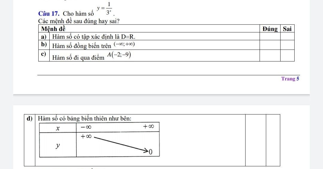 Cho hàm số y= 1/3^x .
Các mệnh đề sau đ
Trang 5
d)   Hàm số có bảng biến thiên như bên: