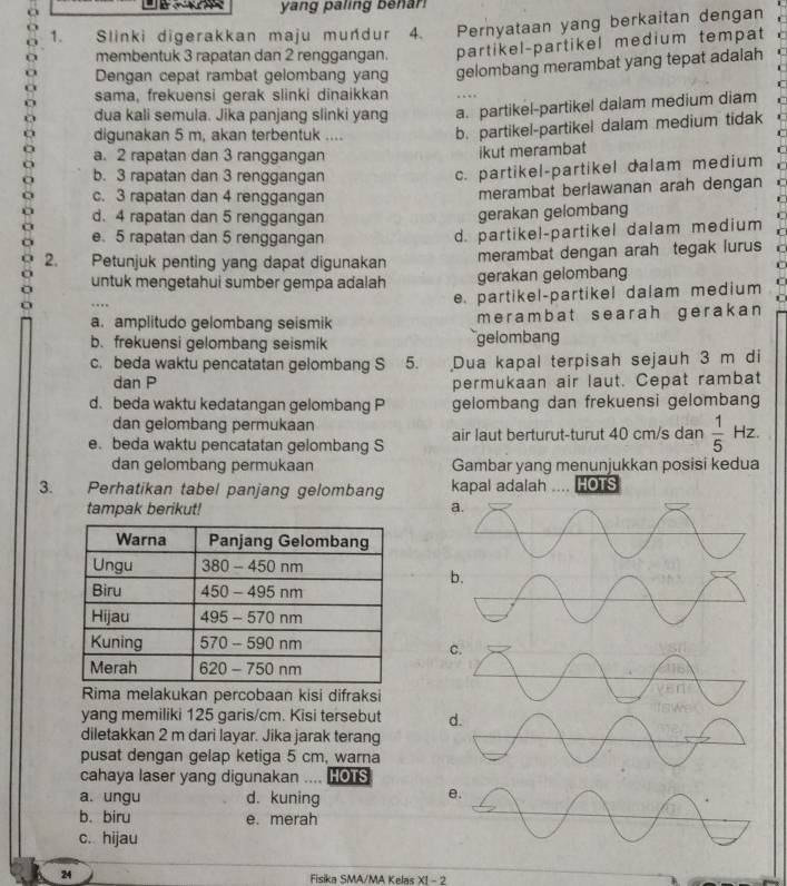 yang paling behar!
1. Slinki digerakkan maju mundur 4. Pernyataan yang berkaitan dengan
membentuk 3 rapatan dan 2 renggangan. partikel-partikel medium tempat
Dengan cepat rambat gelombang yang gelombang merambat yang tepat adalah
sama, frekuensi gerak slinki dinaikkan ..
dua kali semula. Jika panjang slinki yang a. partikel-partikel dalam medium diam
digunakan 5 m, akan terbentuk .... b. partikel-partikel dalam medium tidak
a. 2 rapatan dan 3 ranggangan
ikut merambat
b. 3 rapatan dan 3 renggangan
c. partikel-partikel dalam medium
c. 3 rapatan dan 4 renggangan merambat berlawanan arah dengan
d. 4 rapatan dan 5 renggangan
gerakan gelombang
e. 5 rapatan dan 5 renggangan
d. partikel-partikel dalam medium
2. Petunjuk penting yang dapat digunakan merambat dengan arah tegak lurus
untuk mengetahui sumber gempa adalah gerakan gelombang
e. partikel-partikel dalam medium
a. amplitudo gelombang seismik merambat searah gerakan 
b. frekuensi gelombang seismik gelombang
c. beda waktu pencatatan gelombang S 5. Dua kapal terpisah sejauh 3 m di
dan P permukaan air laut. Cepat rambat
d. beda waktu kedatangan gelombang P gelombang dan frekuensi gelombang
dan gelombang permukaan
e. beda waktu pencatatan gelombang S air laut berturut-turut 40 cm/s dan  1/5  Hz.
dan gelombang permukaan Gambar yang menunjukkan posisi kedua
3. Perhatikan tabel panjang gelombang kapal adalah HOTS
tampak berikut! 
Rima melakukan percobaan kisi difraksi
yang memiliki 125 garis/cm. Kisi tersebut d.
diletakkan 2 m dari layar. Jika jarak terang
pusat dengan gelap ketiga 5 cm, warna
cahaya laser yang digunakan .... HOTS
a. ungu d. kuning
b. biru e. merah
c. hijau
24 Fisika SMA/MA Kelas XI - 2