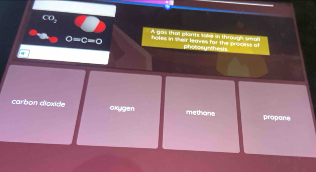 CO_2 
A gas that plants take in through smal!
0=c=0 holes in their leaves for the process of
photosynthesis.
carbon dioxide oxygen methane propane