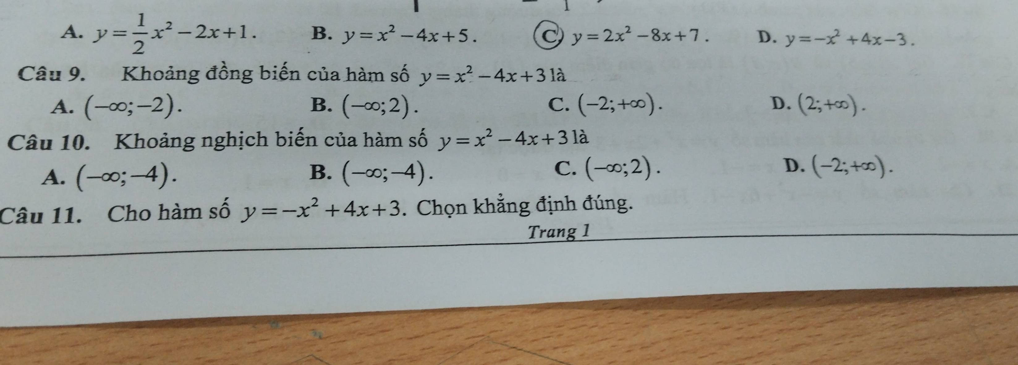 A. y= 1/2 x^2-2x+1. B. y=x^2-4x+5. C y=2x^2-8x+7. D. y=-x^2+4x-3. 
Câu 9. Khoảng đồng biến của hàm số y=x^2-4x+31a
A. (-∈fty ;-2). B. (-∈fty ;2). C. (-2;+∈fty ). D. (2;+∈fty ). 
Câu 10. Khoảng nghịch biến của hàm số y=x^2-4x+31 à
B.
A. (-∈fty ;-4). (-∈fty ;-4).
C. (-∈fty ;2). D. (-2;+∈fty ). 
Câu 11. Cho hàm số y=-x^2+4x+3. Chọn khẳng định đúng.
Trang 1