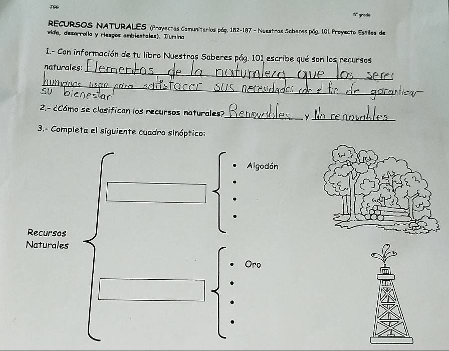 JG6
5° grado 
RECURSOS NATURALES (Proyectos Comunitarios pág. 182 - 187 - Nuestros Saberes pág. 101 Proyecto Estilos de 
vida, desarrolio y riesgos ambientales). Ilumina 
1.- Con información de tu libro Nuestros Saberes pág. 101 escribe qué son los recursos 
_ 
naturales: 
_ 
SU 
2.- ¿Cómo se clasifican los recursos naturales?_ y_ 
3.- Completa el siguiente cuadro sinóptico: 
Algodón 
Recursos 
Naturales 
Oro