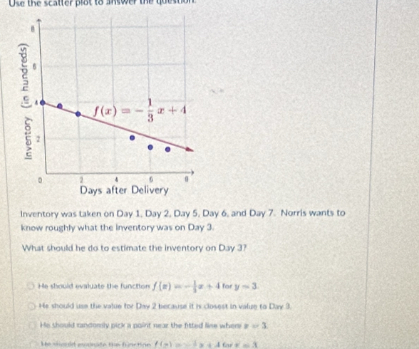 Use the scatter plot to answer the questio
Inventory was taken on Day 1, Day 2, Day 5, Day 6, and Day 7. Norris wants to
know roughly what the inventory was on Day 3.
What should he do to estimate the inventory on Day 3?
He should evaluate the function f(x)=- 1/3 x+4 for y=3
He should use the value for Day 2 because it is closest in value to Day 3.
He should randomly pick a point near the fitted line when x=3.
Me sa d aanate the fin tion f(x)=x+A for x=3