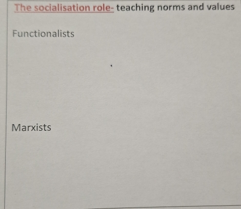 The socialisation role- teaching norms and values
Functionalists
Marxists