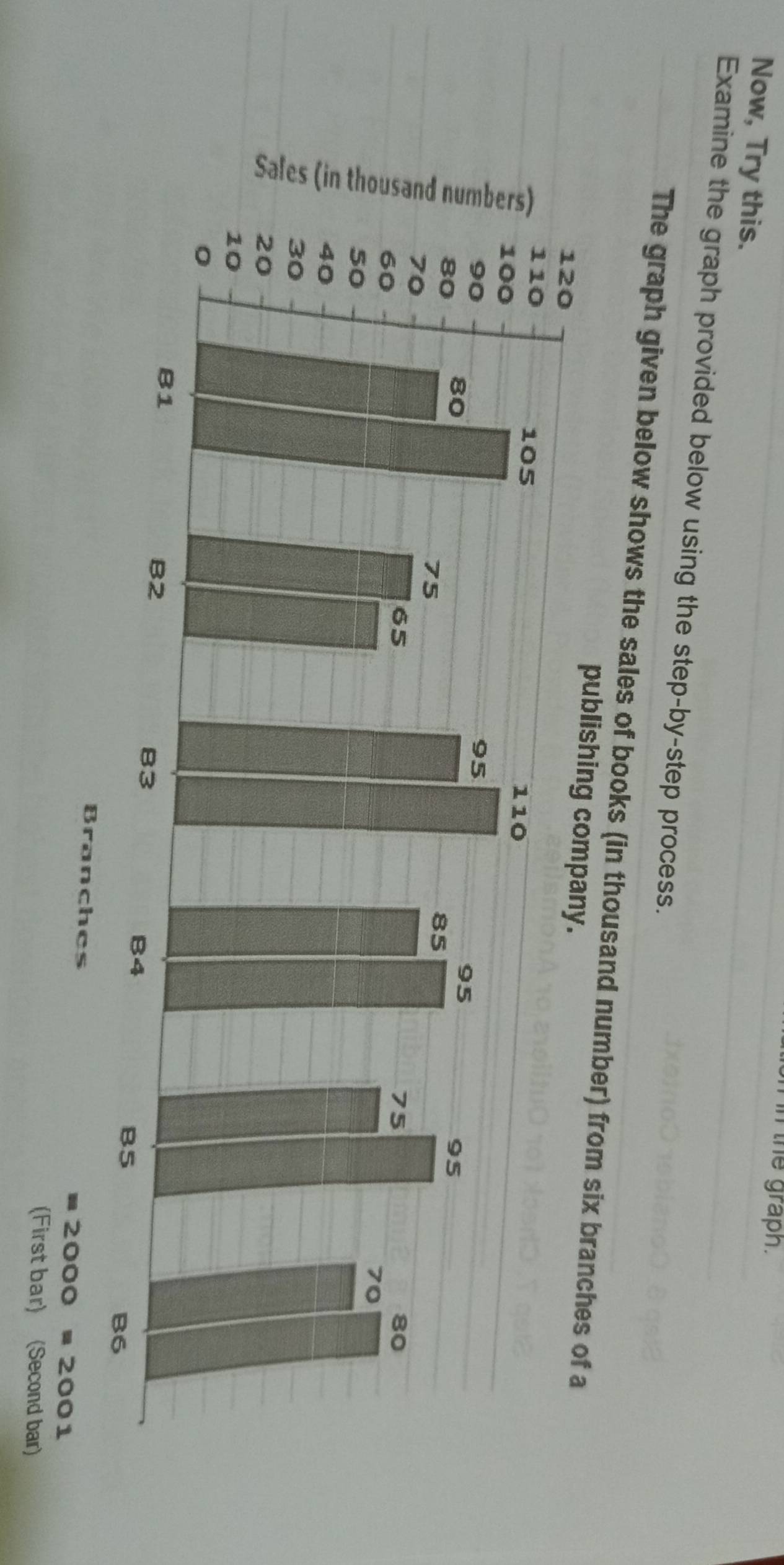 he graph. 
Now, Try this. 
Examine the graph provided below using the step-by-step process. 
The graph given below shows the sales of books (in th 
00 
(First bar) (Second bar)