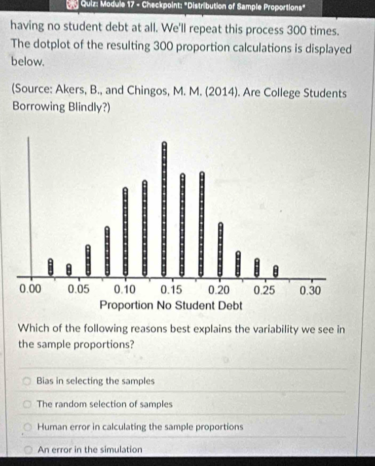 Module 17 - Checkpoint: "Distribution of Sample Proportions"
having no student debt at all. We'll repeat this process 300 times.
The dotplot of the resulting 300 proportion calculations is displayed
below.
(Source: Akers, B., and Chingos, M. M. (2014). Are College Students
Borrowing Blindly?)
Which of the following reasons best explains the variability we see in
the sample proportions?
Bias in selecting the samples
The random selection of samples
Human error in calculating the sample proportions
An error in the simulation