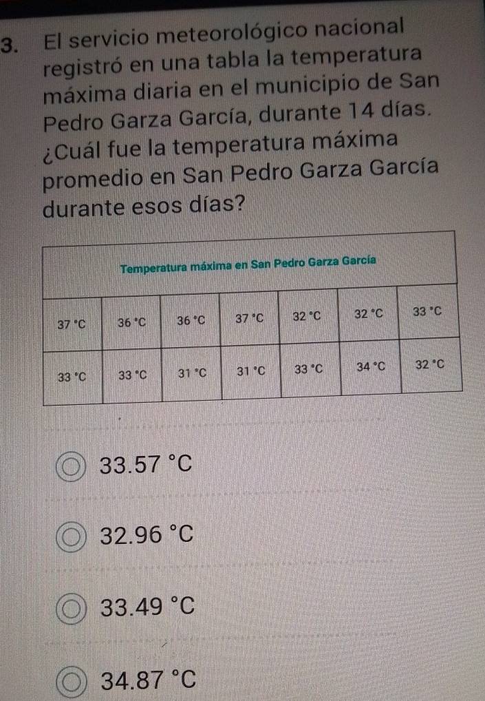 El servicio meteorológico nacional
registró en una tabla la temperatura
máxima diaria en el municipio de San
Pedro Garza García, durante 14 días.
¿Cuál fue la temperatura máxima
promedio en San Pedro Garza García
durante esos días?
33.57°C
32.96°C
33.49°C
34.87°C