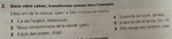 Dans votre cahier, transformez comme dans l'exemple. 
Elles ont de la chance. (pas) → Elles n'ont pas de chance. 
1 Il a de l'argent. (beaucoup) 4 Tu prends du sucre. (jamais) 
2 Nous consommors de la viande. (peu) 5 Il veut du laït et du jus. (n... ni) 
3 ll boit des sodas. (trop) 6 Elie mange des bonbons. (pas)