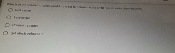 Which of the folfowing tools would be best to determine if a child has an extra chromosome?
test cross
karyotype
Punnett square
gel electrophoresis