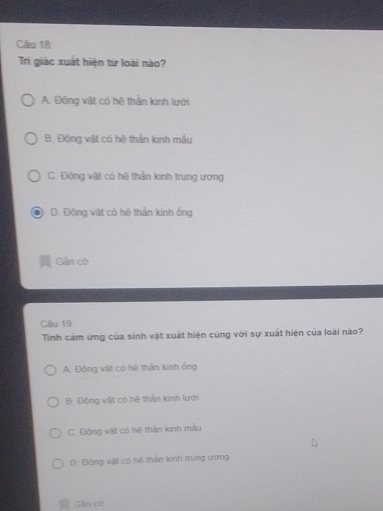 Trì giác xuất hiện từ loài nào?
A. Động vật có hệ thần kinh lưới
Bộ Động vật có hệ thằn kinh mẫu
C. Động vật có hệ thần kinh trung ương
D. Động vật có hệ thần kinh ống
Gắn cờ
Câu 19
Tinh cảm ứng của sinh vật xuất hiện cùng với sự xuất hiện của loài nào?
A. Đồng vật có hệ thần kinh ổng
B. Đồng vật có hệ thần kinh lưới
C. Động vật có hệ thần kinh mẫu
D: Động vật có hệ thần kinh trung ương
Gắn cờ