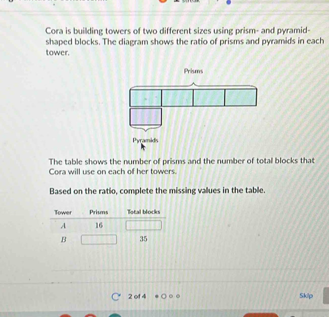 Solved: Cora is building towers of two different sizes using prism- and ...