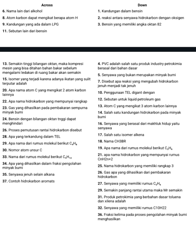 Across Down
6. Nama lain dari alkohol 1. Kandungan dalam bensin
8. Atom karbon dapat mengikat berapa atom H 2. reaksi antara senyawa hidrokarbon dengan oksigen
9. Kandungan yang ada dalam LPG 3. Bensin yang memiliki angka oktan 82
11. Sebutan lain dari bensin
13. Semakin tinggi bilangan oktan, maka kompresi 4. PVC adalah salah satu produk industry petrokimia
mesin yang bisa ditahan bahan bakar sebelum berasal dari bahan dasar
mengalami ledakan di ruang bakar akan semakin 5. Senyawa yang bukan merupakan minyak bumi
15. Isomer yang terjadi karena adanya ikatan yang sulit 7. Disebut apa reaksi yang mengubah hidrokarbon
terputar adalah jenuh menjadi tak jenuh
20. Apa nama atom C yang mengikat 2 atom karbon
lainnya 10. Penggunaan TEL digant dengan
22. Apa nama hidrokarbon yang mempunyai rangkap 12. Sebutan untuk liquid petroleum gas
23. Gas yang dihasilkan pada pembakaran sempurna 13. Atom C yang mengikat 3 atom karbon lainnya
minyak bumi 14. Salah satu kandungan hidrokarbon pada minyak
24. Bensin dengan bilangan oktan tnggi dapat bumi
menghindari 16. Senyawa yang berasal dari makhluk hidup yaitu
26. Proses pemutusan rantai hidrokarbon disebut senyawa
28. Apa yang terkandung dalam TEL 17. Salah satu isomer alkena
29. Apa nama dari rumus molekul berikut C_4H_8 18. Nama CH3BR
30. Nomor atom unsur C 19. Apa nama dari rumus molekul berikut C_2H_6
33, Nama dari rumus molekul berikut C_5H_12 21. apa nama hidrokarbon yang mempunyai rumus
CnH2n+2
34. Apa yang dihasilkan dalam fraksi pengolahan 25. Nama hidrokarbon yang memiliki rangkap 3
minyak bumi
35. Senyawa jenuh selain alkana hidrokarbon 26. Gas apa yang dihasilkan dari pembakaran
37, Contoh hidrokarbon aromats 27. Senyawa yang memiliki rumus C_2H_6
29. Semakin panjang rantai utama maka Mr semakin
31. Produk petrokimia yang berbahan dasar toluena
dan xilena adalah
32. Senyawa yang memiliki rumus C10H22
36. Fraksi kelima pada proses pengolahan minyak bumi
menghasilkan