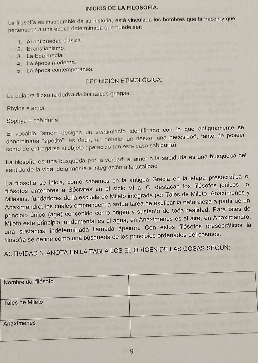 INICIOS DE LA FILOSOFIA.
La filosofía es inseparable de su historia, está vinculada los hombres que la hacen y que
pertenecen a una época determinada que puede ser:
1. Al antigüedad clásica
2. El cristianismo.
3. La Eda media.
4. La época moderna.
5. La época contemporánea.
DEFINICIÓN ETIMOLÓGICA:
La palabra filosofía deriva de las raíces griegas:
Phylos = amor
Sophya = sabiduría
El vocablo “amor' designa un sentimiento identificado con lo que antiguamente se
denominaba “apetito”; es decir, un anhelo, un deseo, una necesidad, tanto de poseer
como de entregarse al objeto apetecido (en este caso sabiduría).
La filosofía es una búsqueda por la verdad; el amor a la sabiduría es una búsqueda del
sentido de la vida, de armonía e integración a la totalidad
La filosofía se inicia, como sabemos en la antigua Grecia en la etapa presocrática o
filósofos anteriores a Sócrates en el siglo VI a. C. destacan los filósofos jónicos o
Milesios, fundadores de la escuela de Mileto integrada por Tales de Mileto, Anaxímenes y
Anaximandro, los cuales emprenden la ardua tarea de explicar la naturaleza a partir de un
principio único (arjé) concebido como origen y sustento de toda realidad. Para tales de
Mileto este principio fundamental es el agua; en Anaxímenes es el aire, en Anaximandro,
una sustancia indeterminada llamada ápeiron. Con estos filósofos presocráticos la
filosofía se define como una búsqueda de los principios ordenados del cosmos.
ACTIVIDAD 3. ANOTA EN LA TABLA LOS EL ORIGEN DE LAS COSAS SEGÚN:
9