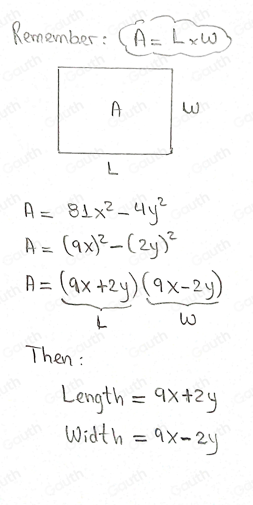 Solved: The area of a rectangle is (81x^2-4y^2) square units. Determine ...
