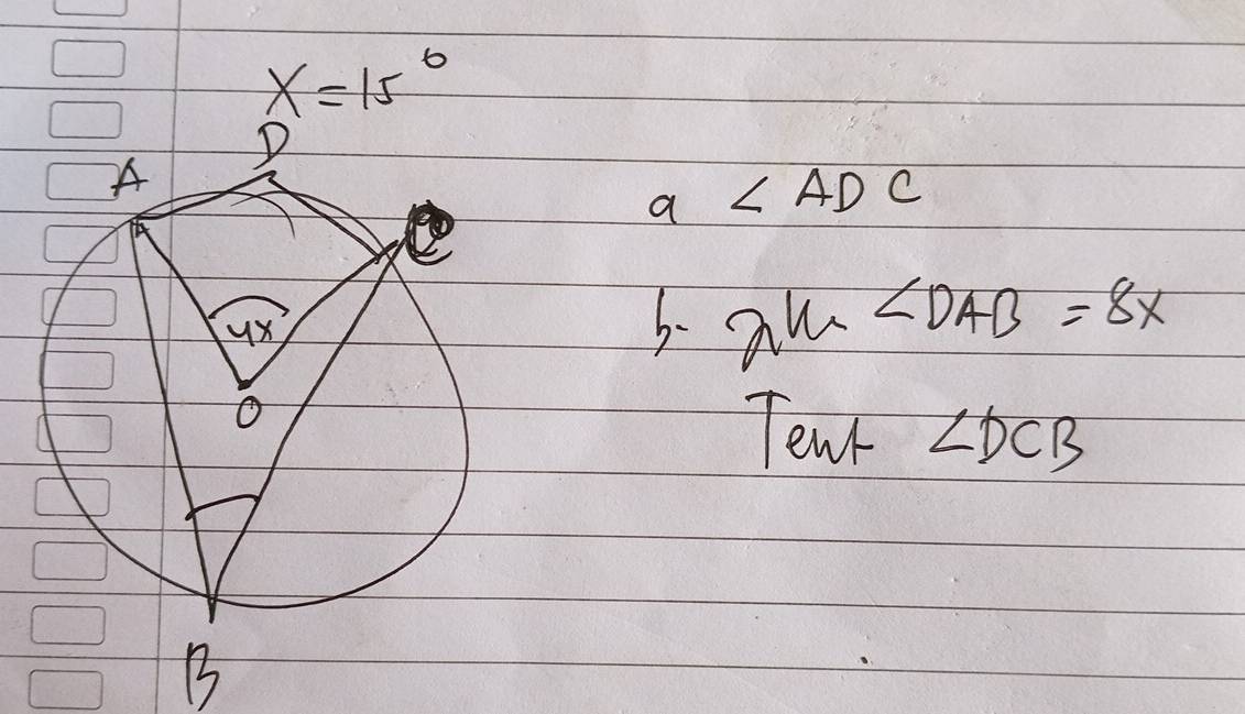 x=15°
a
2ln ∠ DAB=8x
Ten ∠ DCB
B