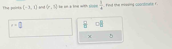 The points (-3,1) and (r,5) lie on a line with slope  1/4 . Find the missing coordinate r.
r=□
 □ /□   □  □ /□  
×